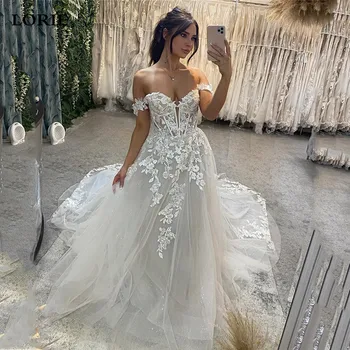 LORIE Boho Gelinlik Bir Çizgi Kapalı Omuz Sevgiliye Boyun Gelin Elbise Dantel Aplikler Boncuk Düğün balo elbisesi 2023