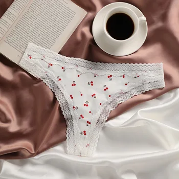 Meyve Kiraz Baskı Külot Seksi nefes alan iç çamaşırı Beyaz Dantel Ruffles Sevimli Külot T Geri kadın Thongs Külot Culotte Femme