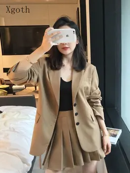 Xgoth Kadın Mizaç 2 adet Takım Elbise Rahat Moda Kore Blazer Ceket + Pilili Etek Kadın Yüksek Sokak Kahverengi İki parça Takım Elbise
