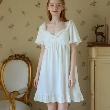 Yaz kadın Gecelik Pamuk Prenses Dantel Pijama Vintage Elbise Sleepshirts Kız Bayanlar Fransız Tarzı Gecelik Uyku Elbise