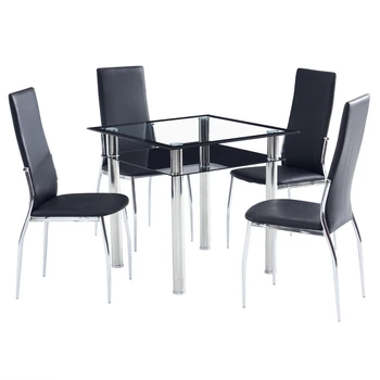 Yemek masası sandalye seti Dahil 1 2 Katmanlı Kare Temperli Cam yemek masası + 4 Basit Düz PU Deri Yemek sandalyesi Siyah [US-W]