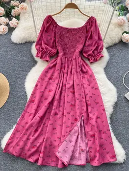 2023 Yeni Moda Kadın Elbise Moda Romantik Çiçek Baskı Bölünmüş Uzun yaz elbisesi Rahat Puf Kollu Parti Kore Vestidos