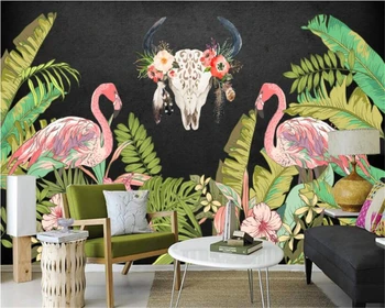 Beibehang 3D Duvar Kağıdı El boyalı Flamingolar Tropikal Yağmur Ormanları Bitki Arka Plan Oturma Odası Yatak Odası TV Arka Plan Duvar fotoğraf