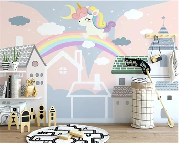 beibehang Özel İskandinav el-boyalı karikatür küçük ev unicorn çocuk odası iç arka plan papel de parede duvar kağıdı