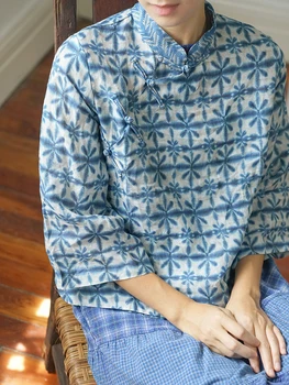 Johnature Kadın Çin Tarzı Düğme Gömlek Rami Standı Yedi Kollu Bluzlar 2023 Bahar Yeni Mavi Üstleri Kadın Baskı Çiçek Gömlek
