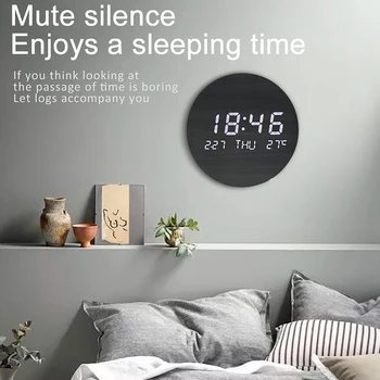 Katı ahşap Renk Yuvarlak led duvar saati İskandinav Tarzı Dijital Sıcaklık Tarih Ekran Sessiz Saat Oturma Odası yatak odası duvar dekoru