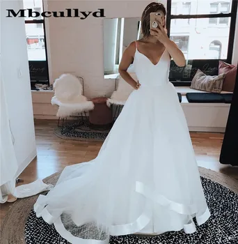 Mbcullyd Vintage Bir Çizgi düğün elbisesi 2023 Beyaz Tül V Yaka Uzun Elbiseler Gelin Kadınlar İçin vestido de noiva Custom Made