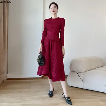 Miyaki Pilili Rahat Etek Seti kadın 2023 Yaz Yeni Moda Çok Yönlü üst ve pantolon Mizaç Zarif İki Parçalı Setleri