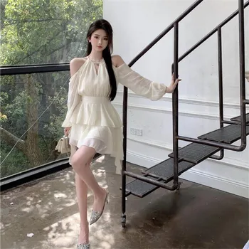 Moda Prenses Peri Ruffles Mini Şifon Kek Elbise Yeni Yaz Tatili Seksi Kapalı Omuz Uzun Kollu İnce Bel Parti Elbise