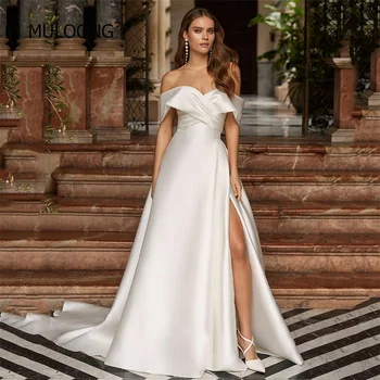 MULOONG Zarif Sevgiliye Kapalı Omuz Kolsuz Bir Çizgi Uzun düğün elbisesi Yüksek Yarık Kat Uzunluk Gelinlikler Vestidos De Novia