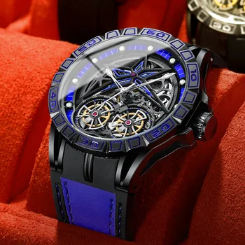 Orijinal Marka lüks erkek saati Tourbillon Otomatik Mekanik Saat İçi Boş Aydınlık İzle Adam deri kemer Reloj Hombre 2023