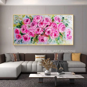 Pembe çiçek renkli 100 % el yapımı yağlıboya soyut modern tuval duvar sanatı oturma odası süsleme renkli çiçek boyama