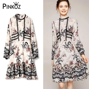 Pinkoz vintage kadınlar diz boyu elbise casual baskılı tam kollu bahar sonbahar A-line zarif İngiltere şık moda elbiseler z