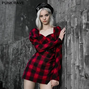 PUNK RAVE kadın Punk Kırmızı-siyah Ekose Prenses Kollu Elbise Günlük Rahat İnce Tatlı Mini Elbise Ayrılabilir Metal Mısır göz Kemer