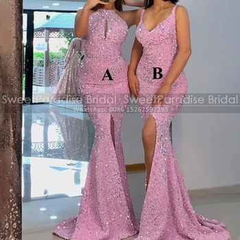Sequins Mermaid Yan Bölünmüş Gelinlik Modelleri Spagetti Sapanlar Kadınlar Uzun Gelin Parti Elbise Resmi