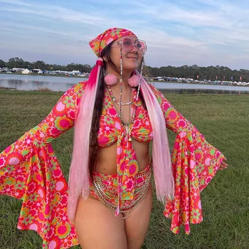 Çiçek Baskılı İki Parçalı bikini seti Flare Uzun Kollu Mayo kadın Yüzme Mayo Kadınlar için 2023 Yaz Mayo
