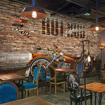 Özel Fotoğraf Duvar Kağıdı Retro 3D Stereo Motosiklet Tuğla duvar resmi Restoran Cafe Arka Plan duvar dekoru Papel De Parede Fresk
